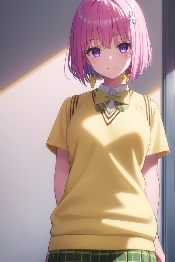 momodevilluke, <lyco:momo deviluke darkness-lyco-nochekaiser:1>,momo deviluke, demon tail, hair flower, hair ornament, (purple eyes:1.1), pink hair, short hair, tail, smile,BREAK demon tail, green skirt, plaid, plaid skirt, sainan high school uniform, school uniform, skirt, sweater vest, thighhighs, (yellow sweater:1.5), short sleeves, bow, (green bow:1.5),BREAK indoors, classroom,BREAK looking at viewer, (cowboy shot:1.5),BREAK <lyco:GoodHands-beta2:1>, (masterpiece:1.2), best quality, high resolution, unity 8k wallpaper, (illustration:0.8), (beautiful detailed eyes:1.6), extremely detailed face, perfect lighting, extremely detailed CG, (perfect hands, perfect anatomy),