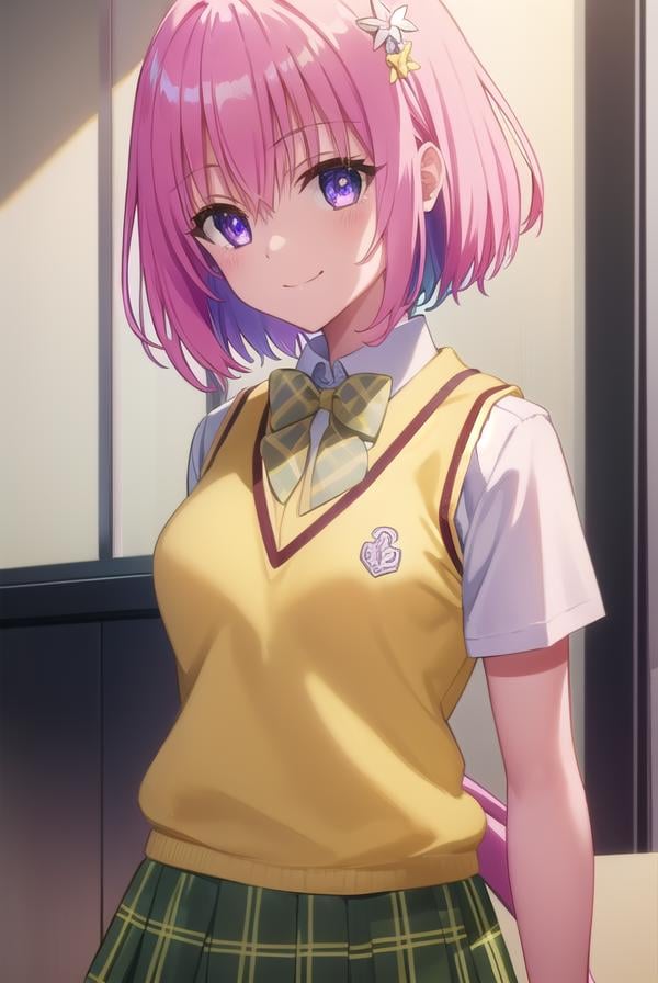 momodevilluke, <lyco:momo deviluke darkness-lyco-nochekaiser:1>,momo deviluke, demon tail, hair flower, hair ornament, (purple eyes:1.1), pink hair, short hair, tail, smile,BREAK demon tail, green skirt, plaid, plaid skirt, sainan high school uniform, school uniform, skirt, sweater vest, thighhighs, (yellow sweater:1.5), short sleeves, bow, (green bow:1.5),BREAK indoors, classroom,BREAK looking at viewer, (cowboy shot:1.5),BREAK <lyco:GoodHands-beta2:1>, (masterpiece:1.2), best quality, high resolution, unity 8k wallpaper, (illustration:0.8), (beautiful detailed eyes:1.6), extremely detailed face, perfect lighting, extremely detailed CG, (perfect hands, perfect anatomy),