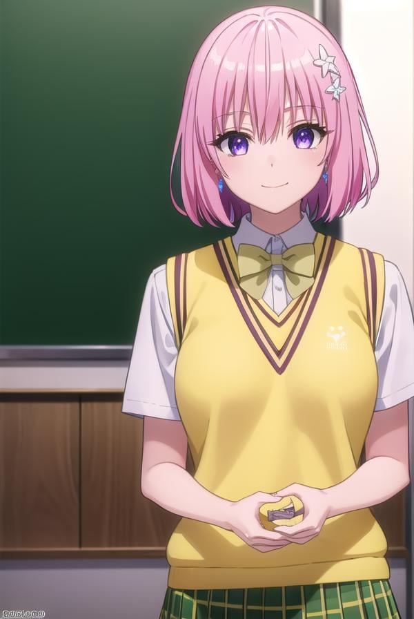 momodevilluke, <lyco:momo deviluke darkness-lyco-nochekaiser:1>,momo deviluke, demon tail, hair flower, hair ornament, (purple eyes:1.1), pink hair, short hair, tail, smile,BREAK demon tail, green skirt, plaid, plaid skirt, sainan high school uniform, school uniform, skirt, sweater vest, thighhighs, (yellow sweater:1.5), short sleeves, bow, (green bow:1.5),BREAK indoors, classroom,BREAK looking at viewer, (cowboy shot:1.5),BREAK <lyco:GoodHands-beta2:1>, (masterpiece:1.2), best quality, high resolution, unity 8k wallpaper, (illustration:0.8), (beautiful detailed eyes:1.6), extremely detailed face, perfect lighting, extremely detailed CG, (perfect hands, perfect anatomy),