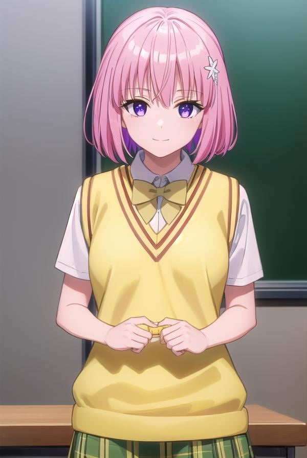 momodevilluke, <lyco:momo deviluke darkness-lyco-nochekaiser:1>,momo deviluke, demon tail, hair flower, hair ornament, (purple eyes:1.1), pink hair, short hair, tail, smile,BREAK demon tail, green skirt, plaid, plaid skirt, sainan high school uniform, school uniform, skirt, sweater vest, thighhighs, (yellow sweater:1.5), short sleeves, bow, (green bow:1.5),BREAK indoors, classroom,BREAK looking at viewer, (cowboy shot:1.5),BREAK <lyco:GoodHands-beta2:1>, (masterpiece:1.2), best quality, high resolution, unity 8k wallpaper, (illustration:0.8), (beautiful detailed eyes:1.6), extremely detailed face, perfect lighting, extremely detailed CG, (perfect hands, perfect anatomy),