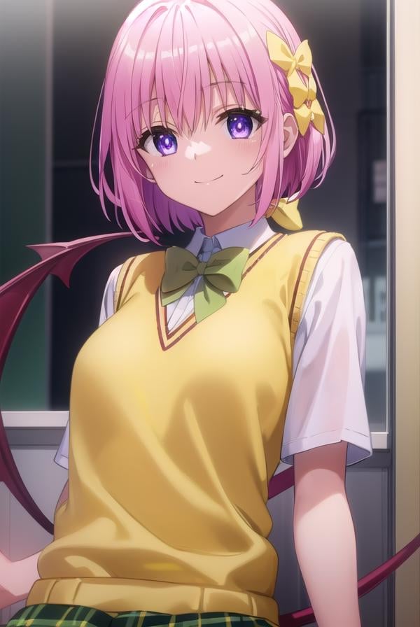 momodevilluke, <lyco:momo deviluke darkness-lyco-nochekaiser:1>,momo deviluke, demon tail, hair flower, hair ornament, (purple eyes:1.1), pink hair, short hair, tail, smile,BREAK demon tail, green skirt, plaid, plaid skirt, sainan high school uniform, school uniform, skirt, sweater vest, thighhighs, (yellow sweater:1.5), short sleeves, bow, (green bow:1.5),BREAK indoors, classroom,BREAK looking at viewer, (cowboy shot:1.5),BREAK <lyco:GoodHands-beta2:1>, (masterpiece:1.2), best quality, high resolution, unity 8k wallpaper, (illustration:0.8), (beautiful detailed eyes:1.6), extremely detailed face, perfect lighting, extremely detailed CG, (perfect hands, perfect anatomy),