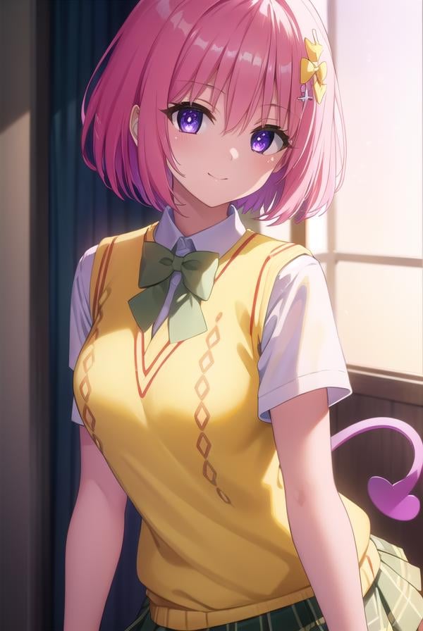 momodevilluke, <lyco:momo deviluke darkness-lyco-nochekaiser:1>,momo deviluke, demon tail, hair flower, hair ornament, (purple eyes:1.1), pink hair, short hair, tail, smile,BREAK demon tail, green skirt, plaid, plaid skirt, sainan high school uniform, school uniform, skirt, sweater vest, thighhighs, (yellow sweater:1.5), short sleeves, bow, (green bow:1.5),BREAK indoors, classroom,BREAK looking at viewer, (cowboy shot:1.5),BREAK <lyco:GoodHands-beta2:1>, (masterpiece:1.2), best quality, high resolution, unity 8k wallpaper, (illustration:0.8), (beautiful detailed eyes:1.6), extremely detailed face, perfect lighting, extremely detailed CG, (perfect hands, perfect anatomy),