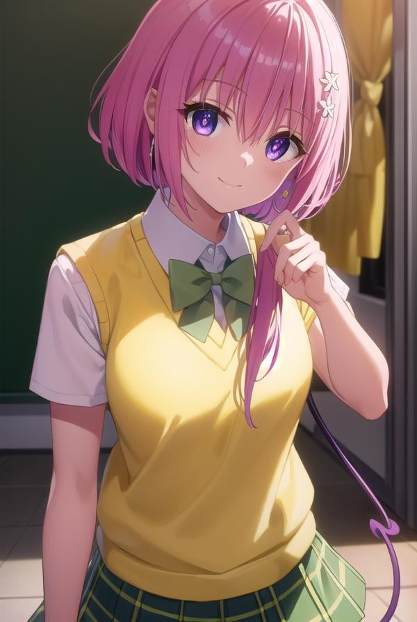 momodevilluke, <lyco:momo deviluke darkness-lyco-nochekaiser:1>,momo deviluke, demon tail, hair flower, hair ornament, (purple eyes:1.1), pink hair, short hair, tail, smile,BREAK demon tail, green skirt, plaid, plaid skirt, sainan high school uniform, school uniform, skirt, sweater vest, thighhighs, (yellow sweater:1.5), short sleeves, bow, (green bow:1.5),BREAK indoors, classroom,BREAK looking at viewer, (cowboy shot:1.5),BREAK <lyco:GoodHands-beta2:1>, (masterpiece:1.2), best quality, high resolution, unity 8k wallpaper, (illustration:0.8), (beautiful detailed eyes:1.6), extremely detailed face, perfect lighting, extremely detailed CG, (perfect hands, perfect anatomy),