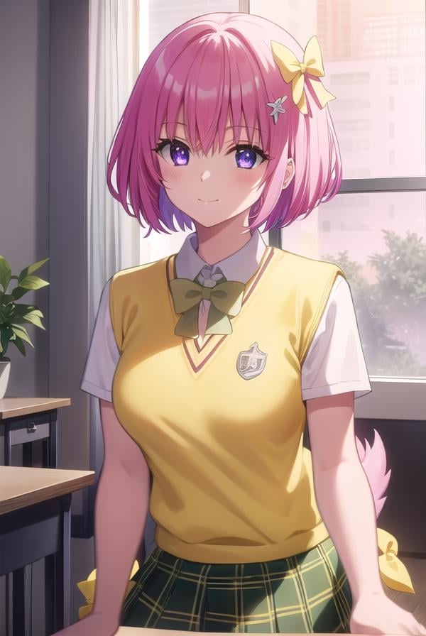 momodevilluke, <lyco:momo deviluke darkness-lyco-nochekaiser:1>,momo deviluke, demon tail, hair flower, hair ornament, (purple eyes:1.1), pink hair, short hair, tail, smile,BREAK demon tail, green skirt, plaid, plaid skirt, sainan high school uniform, school uniform, skirt, sweater vest, thighhighs, (yellow sweater:1.5), short sleeves, bow, (green bow:1.5),BREAK indoors, classroom,BREAK looking at viewer, (cowboy shot:1.5),BREAK <lyco:GoodHands-beta2:1>, (masterpiece:1.2), best quality, high resolution, unity 8k wallpaper, (illustration:0.8), (beautiful detailed eyes:1.6), extremely detailed face, perfect lighting, extremely detailed CG, (perfect hands, perfect anatomy),