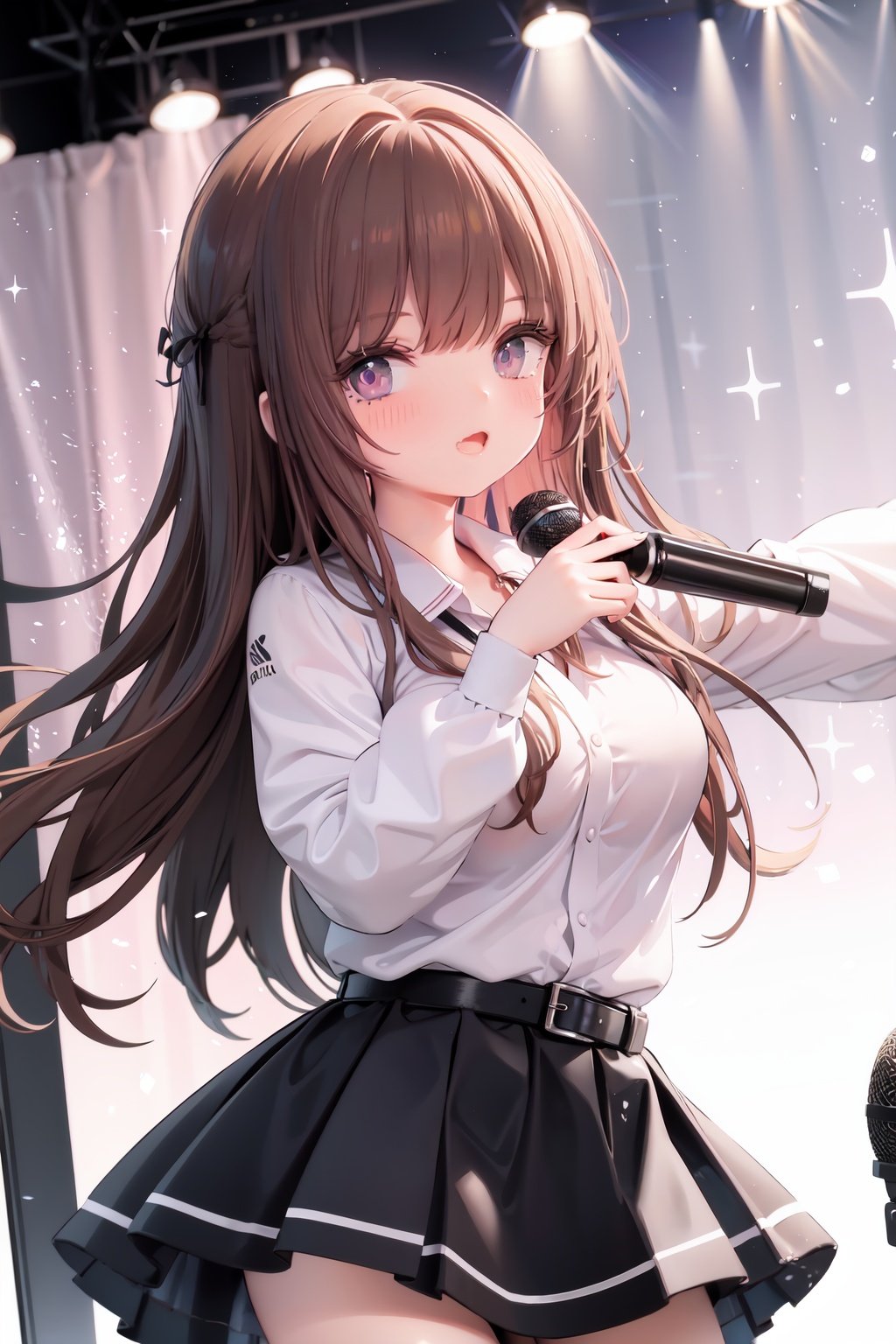  1girl, solo, microphone, smile, skirt, blush, brown eyes, long hair, open mouth, looking at viewer, brown hair, long sleeves, :d, shirt, bangs, belt, breasts, pink shirt, outstretched arm, music, black belt, medium breasts, holding microphone, singing