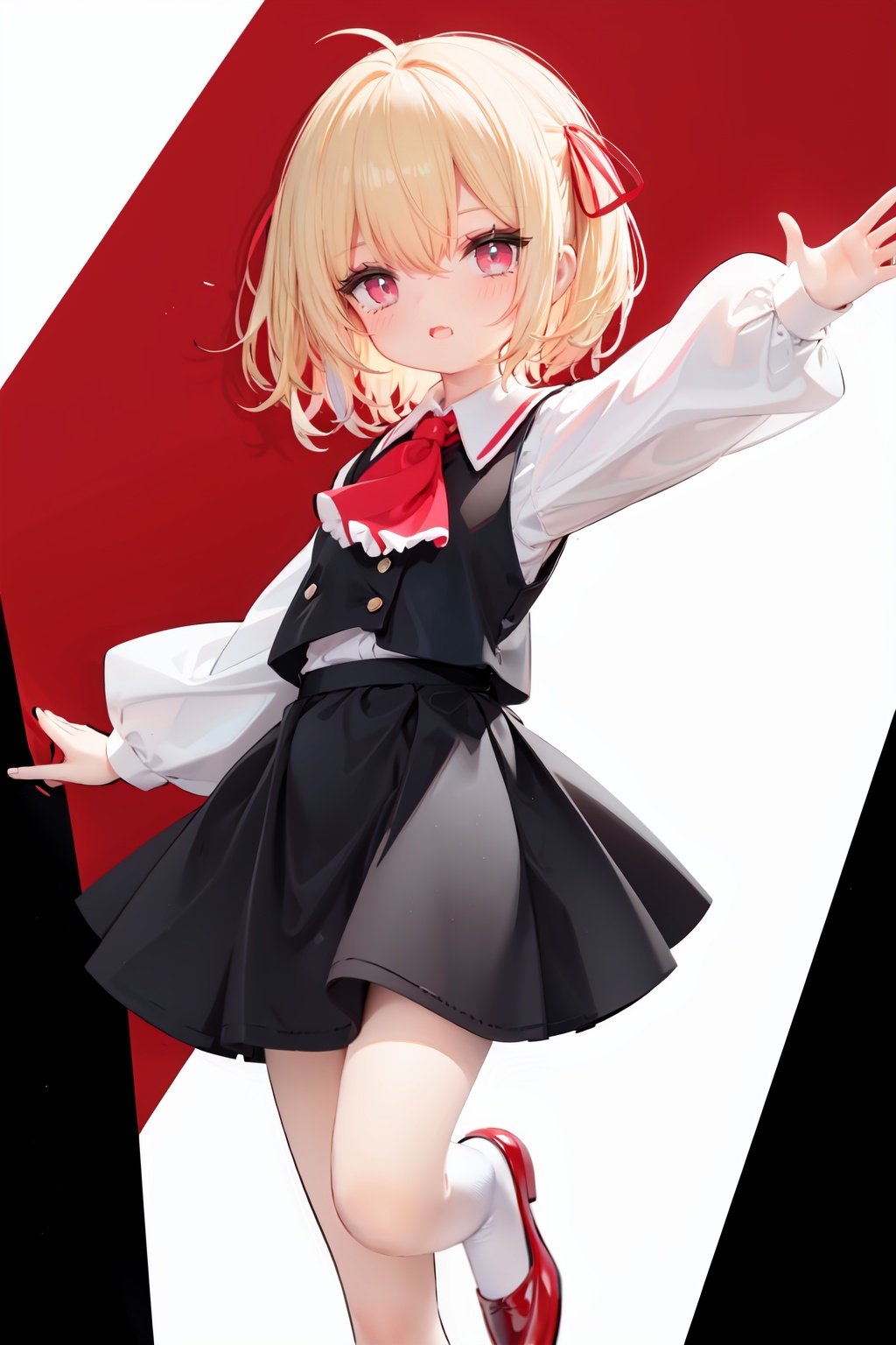  1girl, rumia, blonde hair, solo, white background, red eyes, red footwear, simple background, ascot, short hair, ribbon, open mouth, hair ribbon, smile, long sleeves, shirt, looking at viewer, red ascot, white socks, white shirt, red ribbon, shoes, socks, frills, bangs, outstretched arms, hair between eyes, skirt, :d, dress, vest, mary janes, black dress, black skirt, collared shirt, black vest, blush