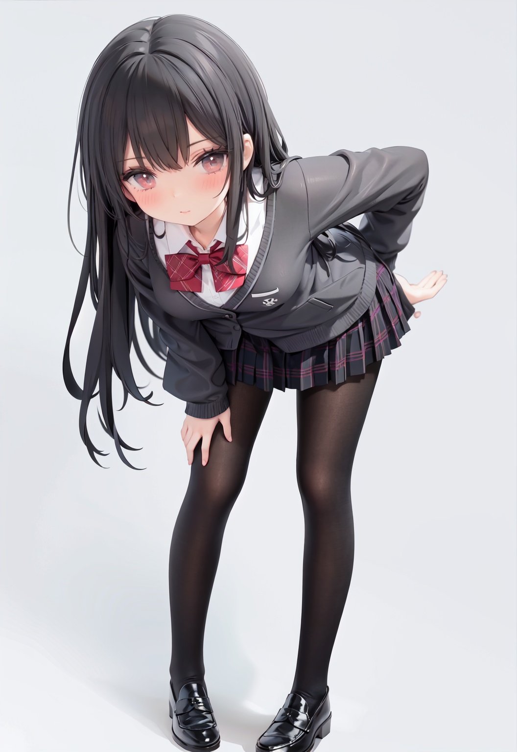  1girl, solo, pantyhose, skirt, long hair, loafers, shoes, simple background, school uniform, brown eyes, plaid, black pantyhose, plaid skirt, looking at viewer, black hair, pantyhose pull, full body, clothes pull, black footwear, pleated skirt, leaning forward, bangs, long sleeves, bent over, cardigan, bow, bowtie, standing, closed mouth, pulled by self, grey background, blush, miniskirt, red bow, sweater, undressing