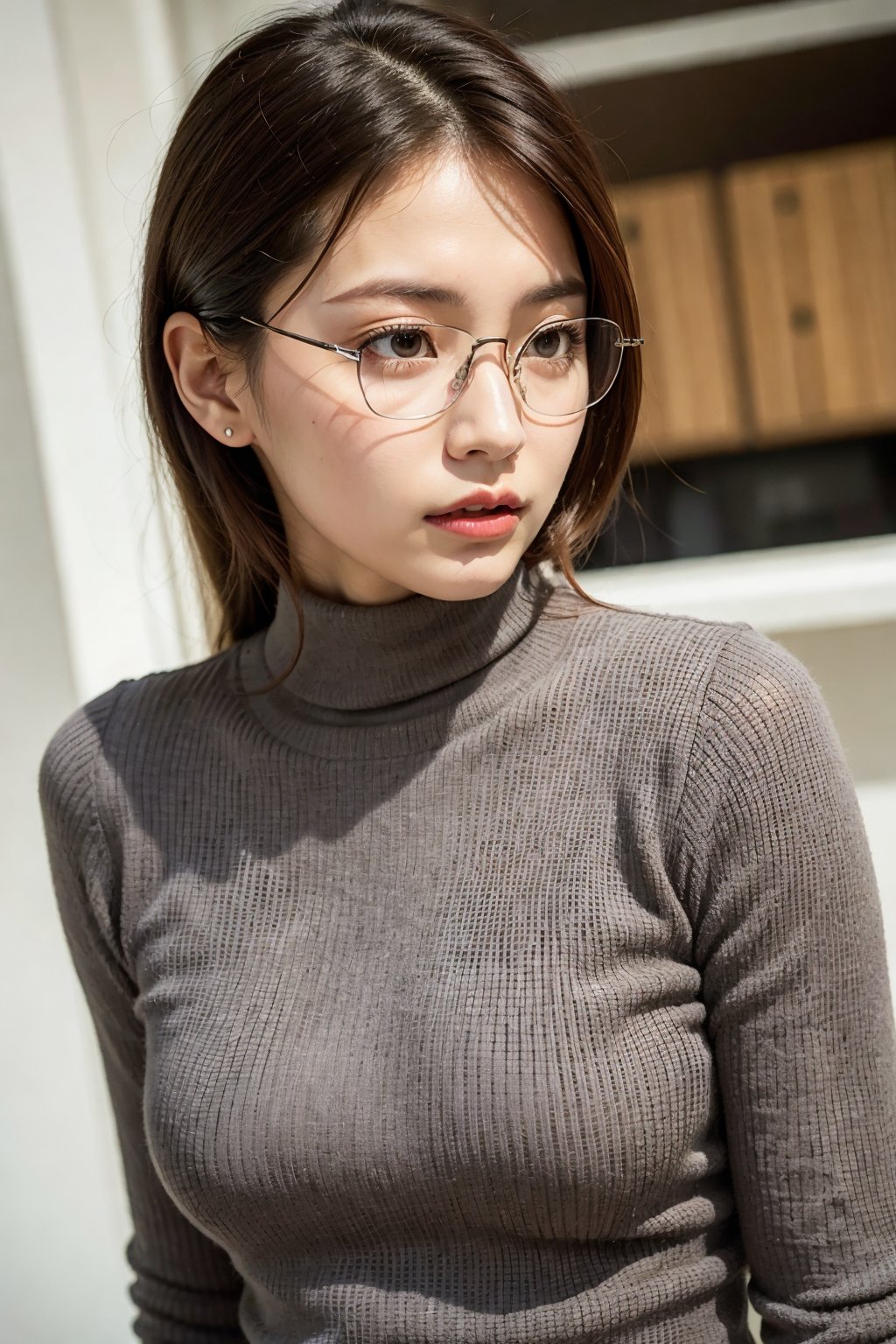 best quality, masterpiece, ultra high resolution, (photorealistic:1.4), RAW photo ,1girl,solo(semi-rimless eyewear,:1.3)BREAKbrown_eyes, black_hair, straight hair, lips, (forehead:1.3) plump( focus face,upper body,:1.3)BREAKWide-leg pants, turtleneck,