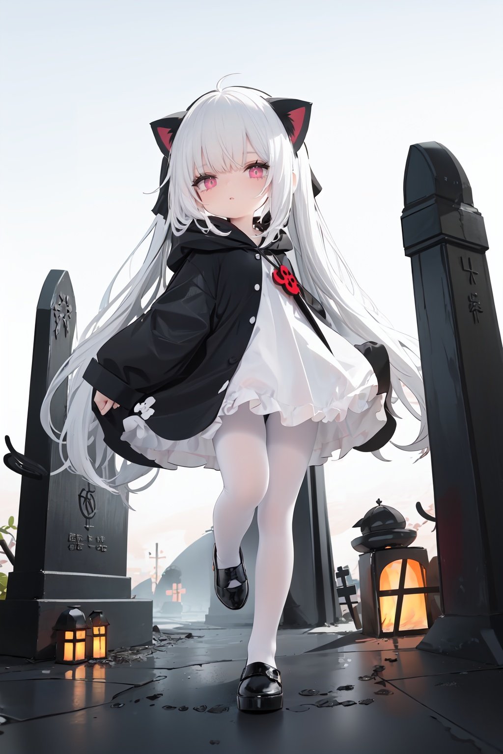  1girl, loli, petite child, white hair, long hair, red eyes, grim reaper, black robe, cat_hood, standing on one leg, another leg up, trample, white pantyhose, foot soles, underfoot, look down, shadow, graveyard, tombstone,beach, (from below:1.2)