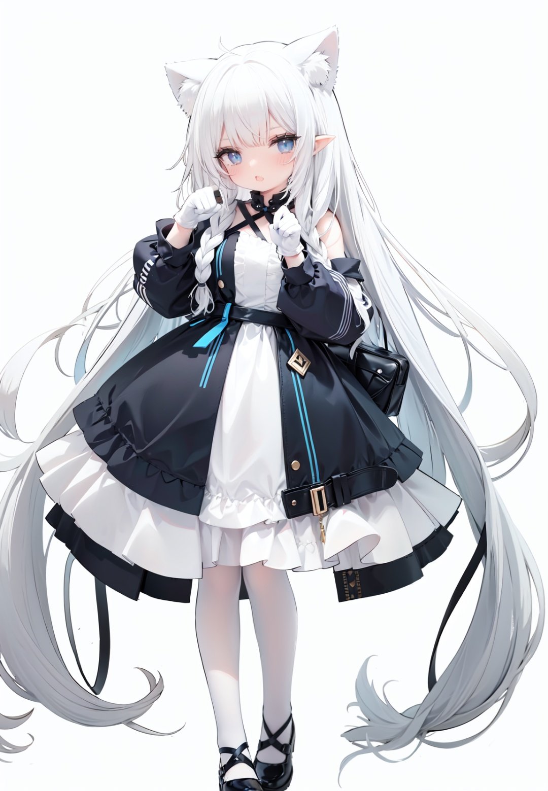  1girl, white_gloves, braid, full_body, gloves, long_hair, official_alternate_costume, pointy_ears, simple_background, solo, standing, very_long_hair, white_background, white hair, blue eyes, paw claw pose, open_mouth