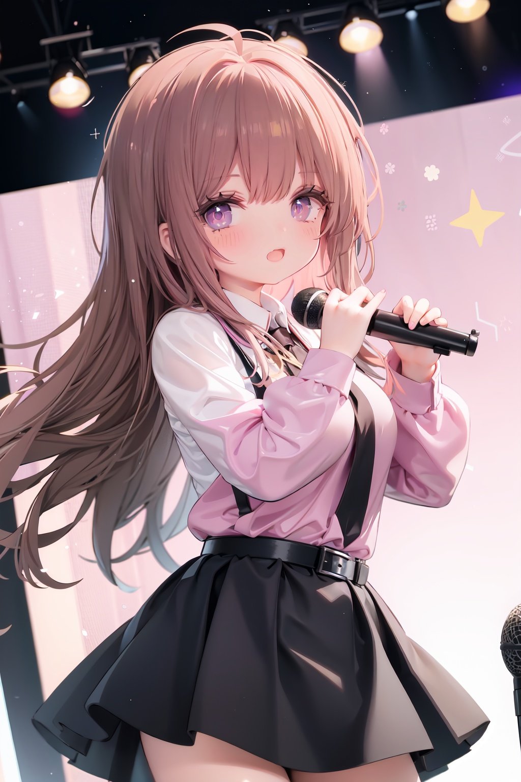  1girl, solo, microphone, smile, skirt, blush, brown eyes, long hair, open mouth, looking at viewer, brown hair, long sleeves, :d, shirt, bangs, belt, breasts, pink shirt, outstretched arm, music, black belt, medium breasts, holding microphone, singing