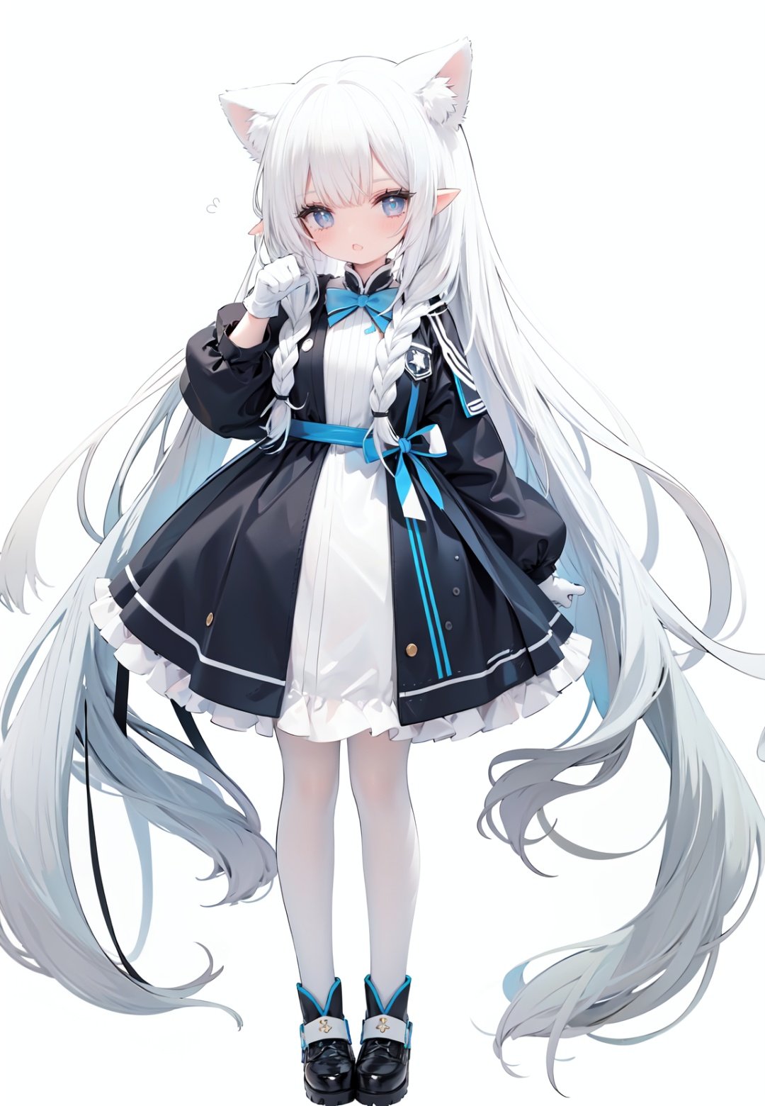  1girl, white_gloves, braid, full_body, gloves, long_hair, official_alternate_costume, pointy_ears, simple_background, solo, standing, very_long_hair, white_background, white hair, blue eyes, paw claw pose, open_mouth