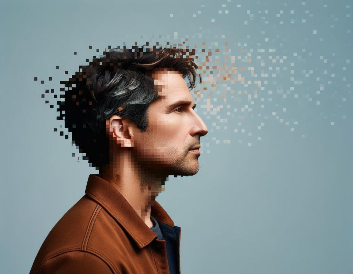 <lora:Aether_Pixel_v1_SDXL_LoRA:1> photo profile of a man dissolving into pixels upwards, windy 