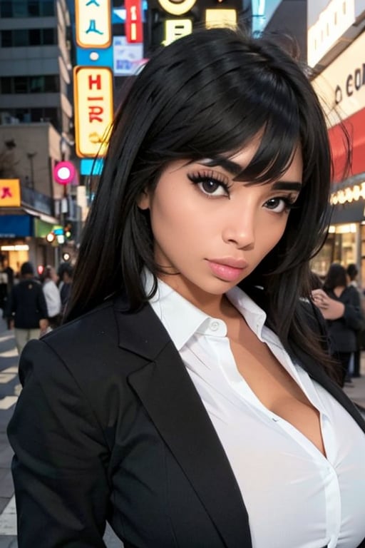 a woman posing on the street corner with black blazer on and white shirt on,  best quality,  1girl,  (gigantic breast),  day,  bright,  blur background,  bokeh,  outdoor,  (street:0.8),  (people,  crowds:0.8),  (black blazer:1.2,  white shirt under blazer:1.2),  gorgeous,  (bangs,  long hair:1.2),  beautiful detailed sky,  (dynamic pose:1),  soft lighting,  wind,  shiny skin,  (portrait:0.8), <lora:EMS-84665-EMS:0.700000>