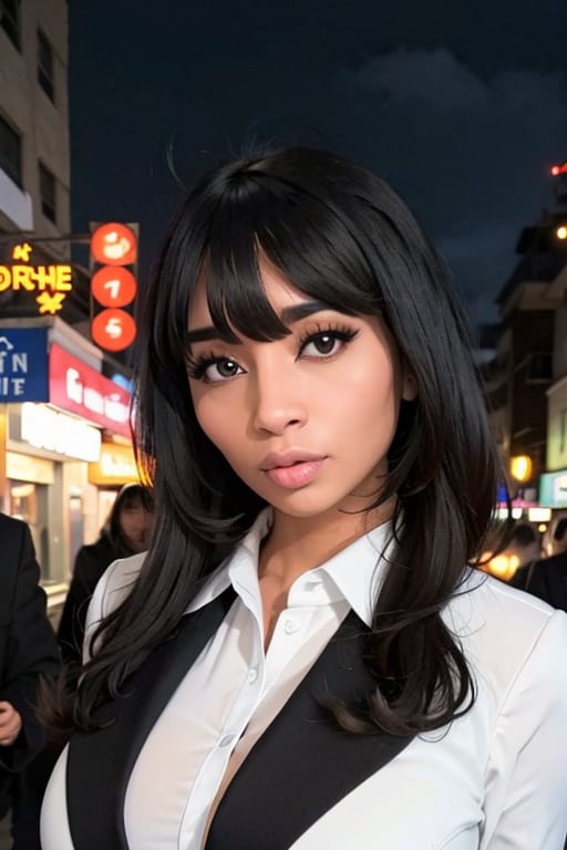 a woman posing on the street corner with black blazer on and white shirt on,  best quality,  1girl,  (gigantic breast),  day,  bright,  blur background,  bokeh,  outdoor,  (street:0.8),  (people,  crowds:0.8),  (black blazer:1.2,  white shirt under blazer:1.2),  gorgeous,  (bangs,  long hair:1.2),  beautiful detailed sky,  (dynamic pose:1),  soft lighting,  wind,  shiny skin,  (portrait:0.8), <lora:EMS-84665-EMS:0.700000>