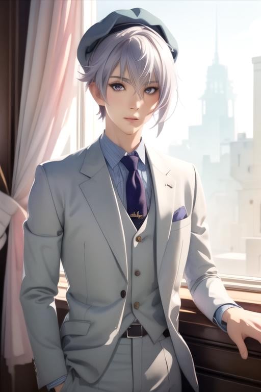 masterpiece, best quality, illustration, 1boy, solo, male focus, looking at viewer, , depth of field, (watercolor illustration, soft pastel colors:1.1), realistic, <lora:tsukasa_mikogami:0.72>, tsukasa_mikogami, grey hair, , , suit pants, cloche hat, feminist science fiction,