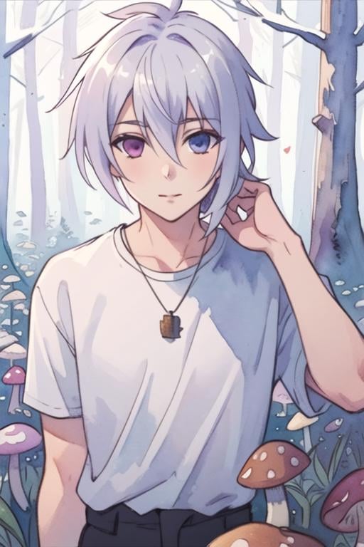 masterpiece, best quality, , 1boy, solo, male focus, looking at viewer, , , (watercolor illustration, soft pastel colors:1.1), realistic, <lora:tsukasa_mikogami:0.66>, tsukasa_mikogami, grey hair, , hair between eyes, , , mushroom forest, 4k resolution