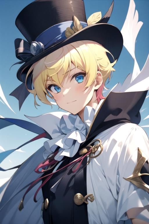 masterpiece, best quality, illustration, 1boy, solo, male focus, looking at viewer, upper body, depth of field, , , <lora:prince_akatsuki_choujin_koukousei-tachi:0.70>, prince_akatsuki_choujin_koukousei-tachi, blonde hair, blue eyes, top hat, mask, cape, thief costume, convention, High resolution