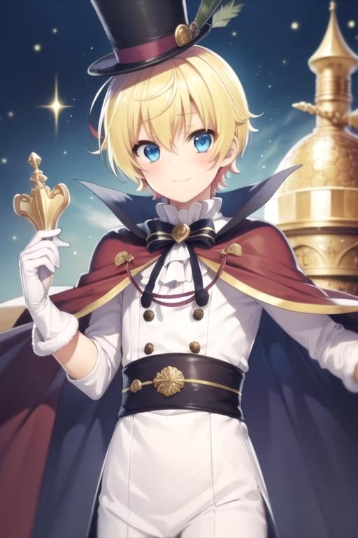 masterpiece, best quality, illustration, 1boy, solo, male focus, looking at viewer, upper body, , , , <lora:prince_akatsuki_choujin_koukousei-tachi:0.68>, prince_akatsuki_choujin_koukousei-tachi, blonde hair, blue eyes, top hat, mask, cape, santa claus costume, A magical kingdom where everything is perfect and everyone is happy,