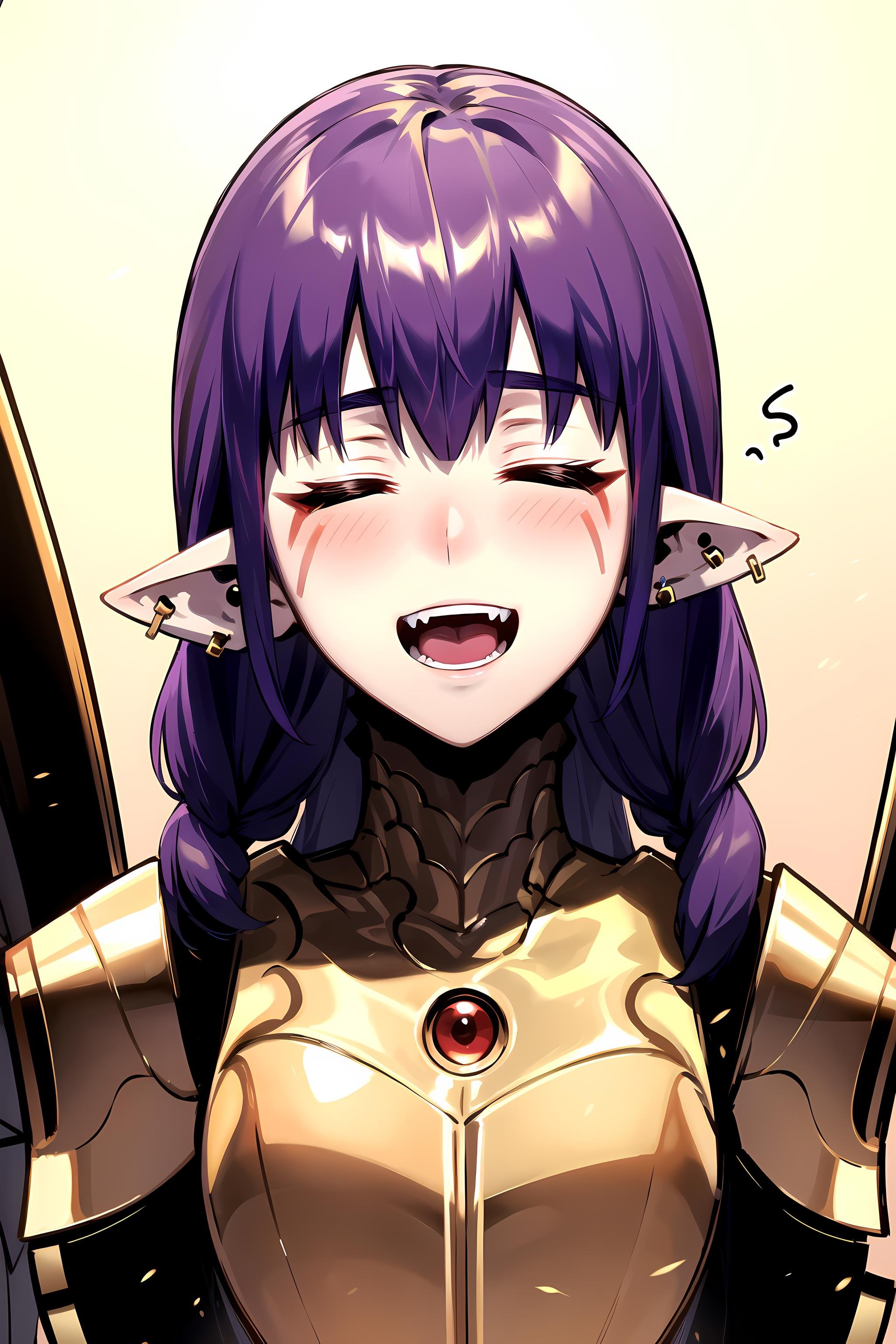 best quality, (masterpiece:1.2), detailed, <lora:chara_SoloLeveling_EsilRadiru:0.7>, esil radiru,solo, open mouth, smile, light blush,purple hair, long hair, braid, closed eyes, pointy ears, facial mark, earrings,red amor, gold trim, pauldrons,standing, looking at the viewer, portrait