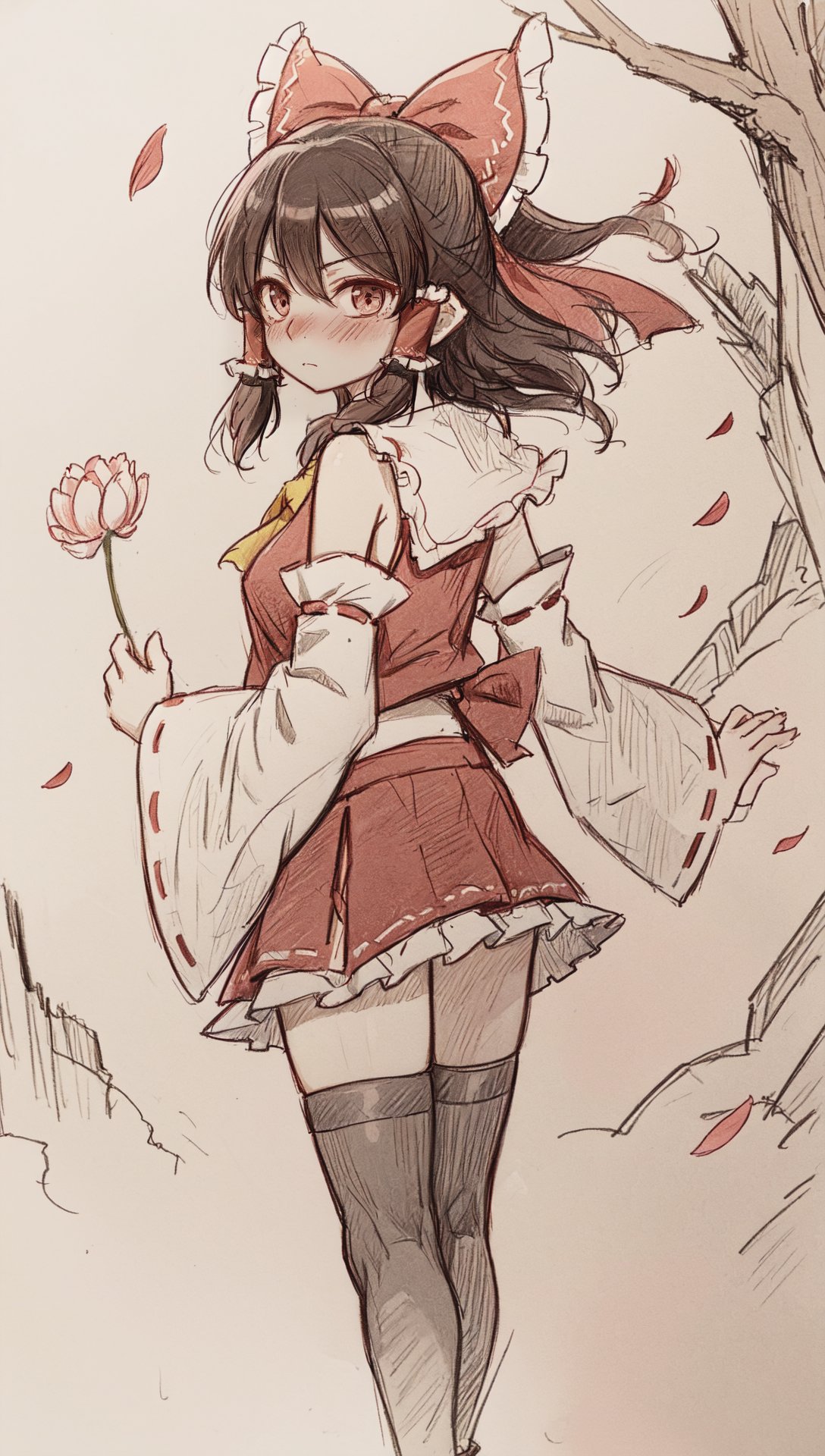 hakurei reimu, detached sleeves, hair bow, blush, looking down, standing, crossed ankles, from behind, looking back, medium breasts, (outdoors, nature, flower, petals:1.1), thighhighs, [monochrome::0.6] sketch, graphite \(medium\) <lora:Drawing1:0.7>