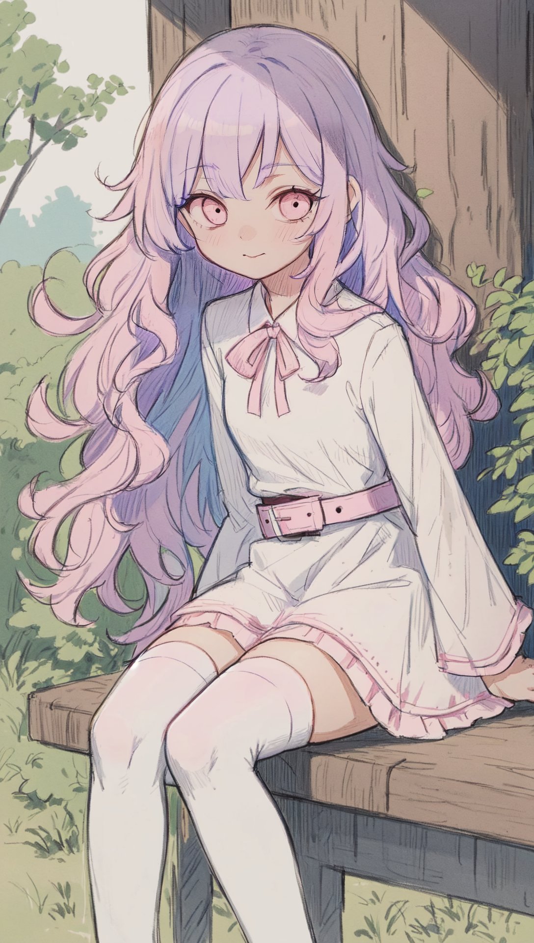 mksks style, detailed background, masterpiece, best quality, BREAK 1girl, long hair light purple hair, curly hair, cute, eyelashes, sitting, white dress, pink ribbon, belt, pink flats, white thighhighs, outdoors, nature, tree, bush, flower, rustic, [monochrome::0.6] sketch, graphite \(medium\), [blue hair:7] <lora:Drawing1:0.7>