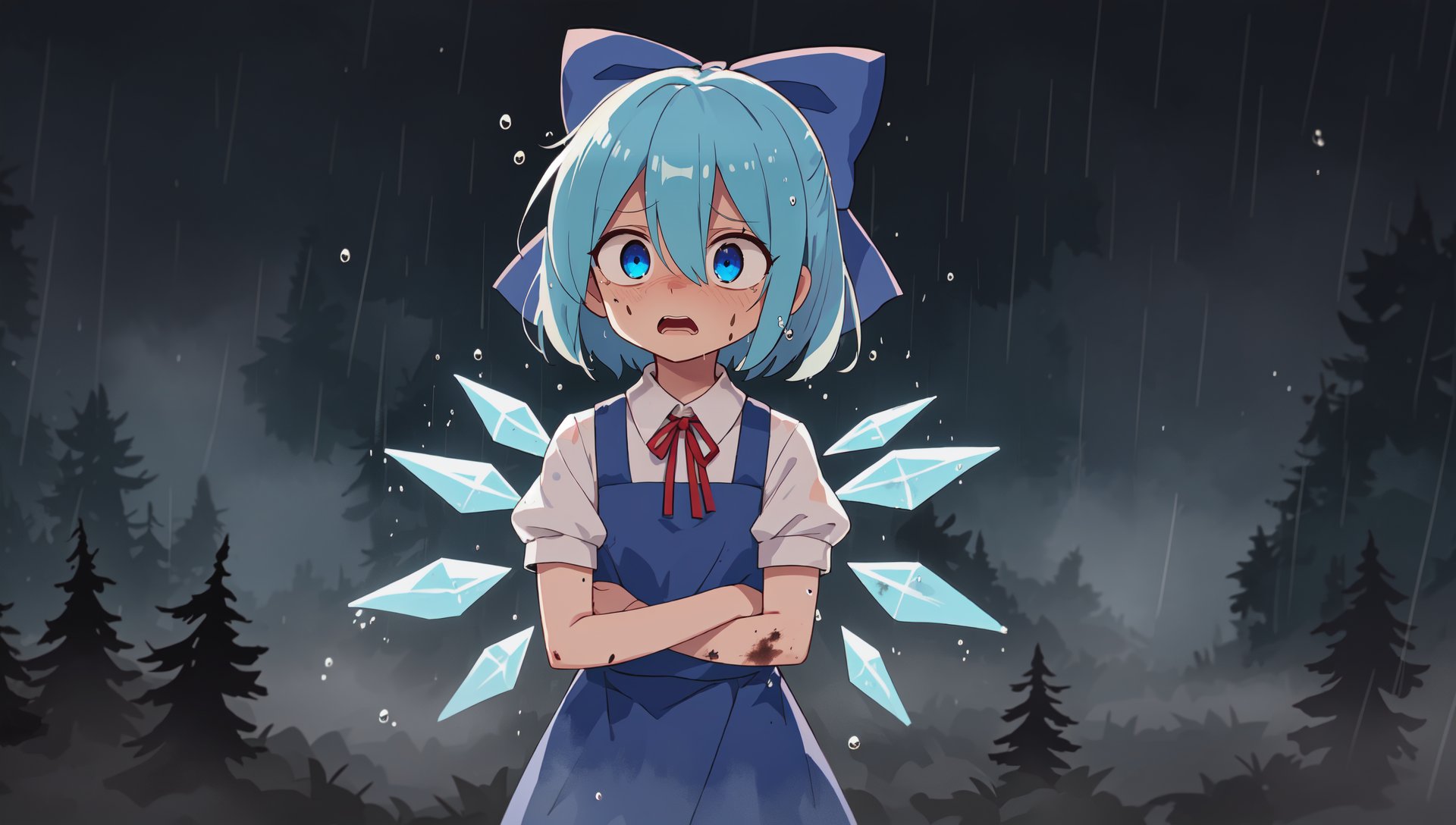 cirno, solo, puffy short sleeves, blue hair, blue bow, hair bow, hair between eyes, blue eyes, neck ribbon, blue dress, ice wings, white shirt, pinafore dress, short hair, red ribbon, (muddy:1.1), dirty, dirty clothes, dirty face, (raining:1.2), terrified, scared, horrified BREAK water drop, (darkness:1.2), night, (ghost:1.1), fog, outdoors, forest, pine tree, spooky, horror \(theme\), masterpiece, best quality