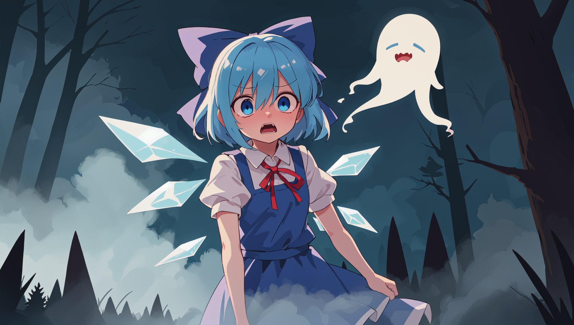 cirno, solo, puffy short sleeves, blue hair, blue bow, hair bow, hair between eyes, blue eyes, neck ribbon, blue dress, ice wings, white shirt, pinafore dress, short hair, red ribbon, terrified, scared, horrified BREAK (darkness:1.2), night, (ghost:1.1), fog, outdoors, forest, pine tree, spooky, horror \(theme\), masterpiece, best quality