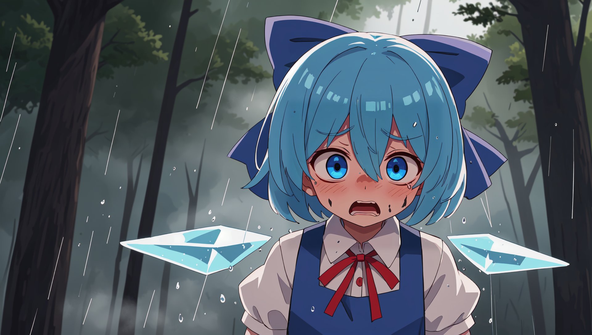 cirno, solo, puffy short sleeves, blue hair, blue bow, hair bow, hair between eyes, blue eyes, neck ribbon, blue dress, ice wings, white shirt, pinafore dress, short hair, red ribbon, (muddy:1.1), dirty, dirty clothes, dirty face, (raining:1.2), terrified, scared, horrified BREAK water drop, (darkness:1.2), night, (ghost:1.1), fog, outdoors, forest, pine tree, spooky, horror \(theme\), masterpiece, best quality