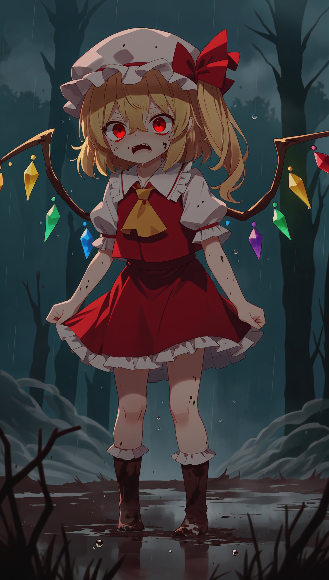 flandre scarlet, ascot, blonde hair, puffy short sleeves, mob cap, red ribbon, puffy sleeves, hat ribbon, bangs, wings, white headwear, red vest, skirt set, crystal, hair between eyes, one side up, red eyes, fang, frills, (muddy:1.1), dirty, dirty clothes, dirty face, (raining:1.2), terrified, scared, horrified BREAK water drop, (darkness:1.25), (night:1.2), fog, outdoors, forest, pine tree, spooky, horror \(theme\), masterpiece, best quality <lora:[diffLora] lowexposurenoiseoffset:1.0> 