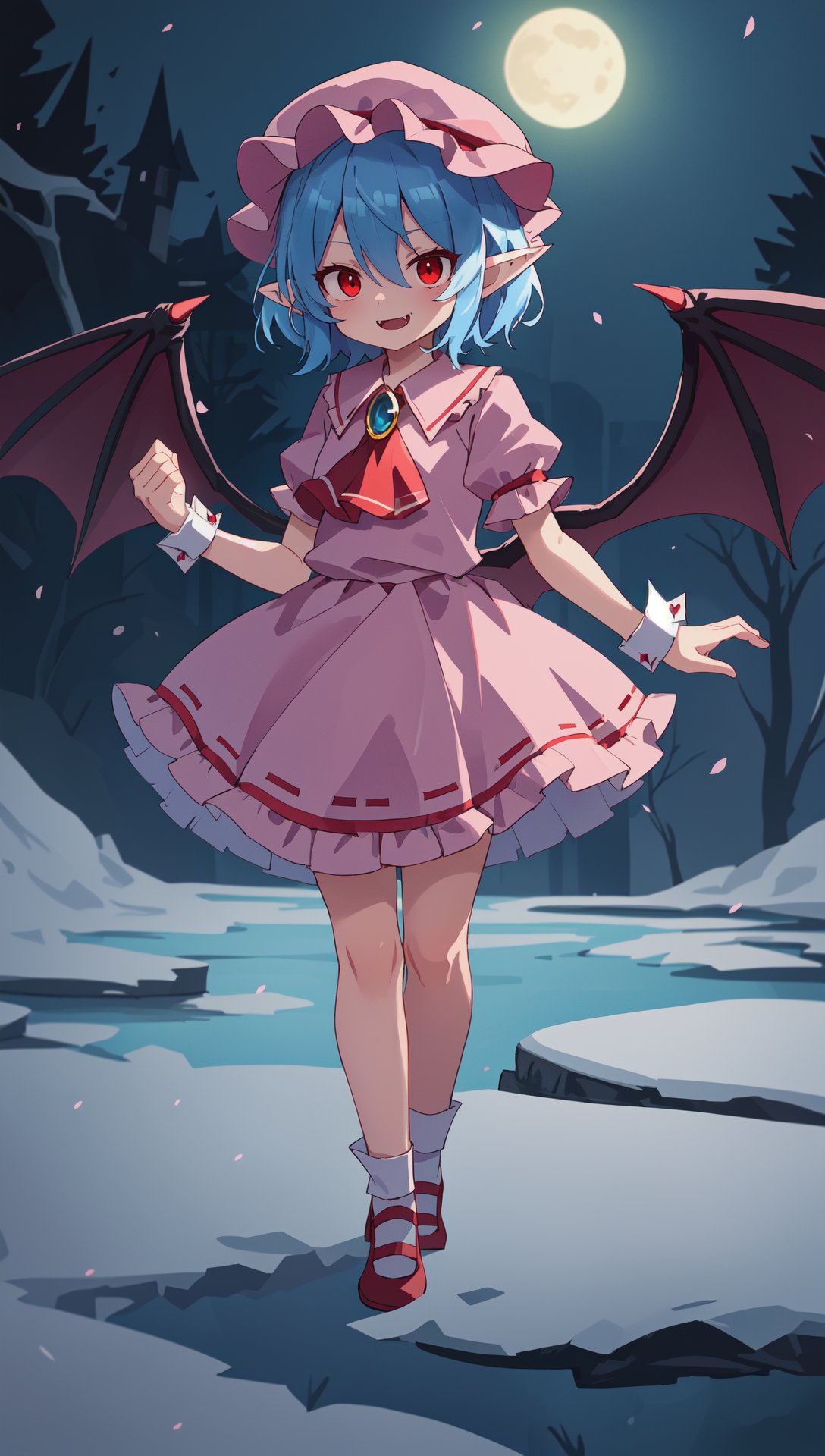 remilia scarlet, red ribbon, hair between eyes, blue hair, puffy short sleeves, frills, bow, bangs, hat ribbon, mob cap, fang, red eyes, bat wings, wrist cuffs, ascot, brooch, short hair, pink dress, pointy ears, skirt BREAK arctic tundra, snowy landscapes, frozen lakes, night, frosty, harsh, ethereal, (darkness:1.3), night, spooky, horror \\(theme\\), masterpiece, best quality