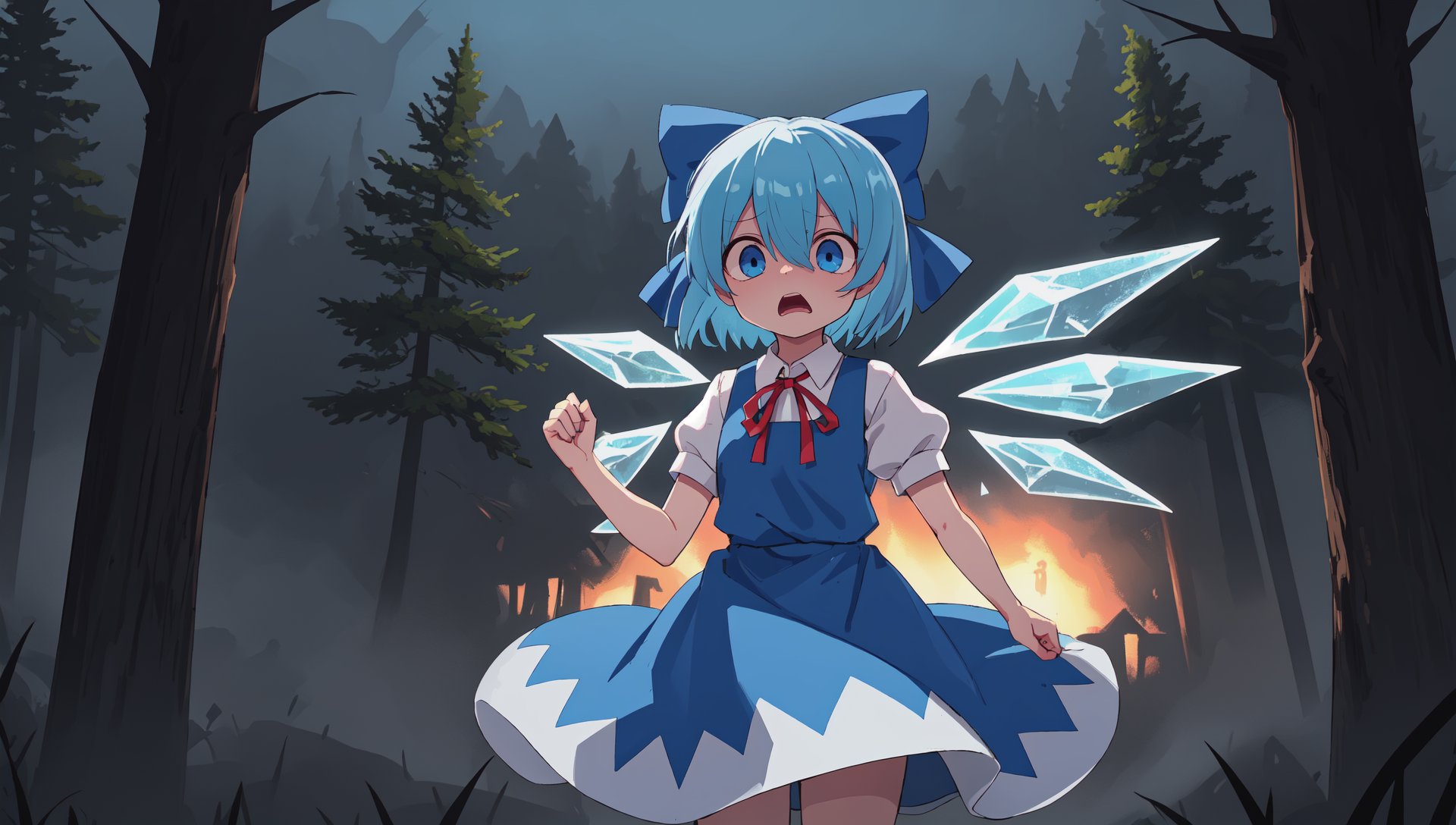 cirno, solo, puffy short sleeves, blue hair, blue bow, hair bow, hair between eyes, blue eyes, neck ribbon, blue dress, ice wings, white shirt, pinafore dress, short hair, red ribbon, terrified, scared, horrified BREAK (darkness:1.2), night, (ghost:1.1), fog, outdoors, forest, pine tree, spooky, horror \(theme\), masterpiece, best quality