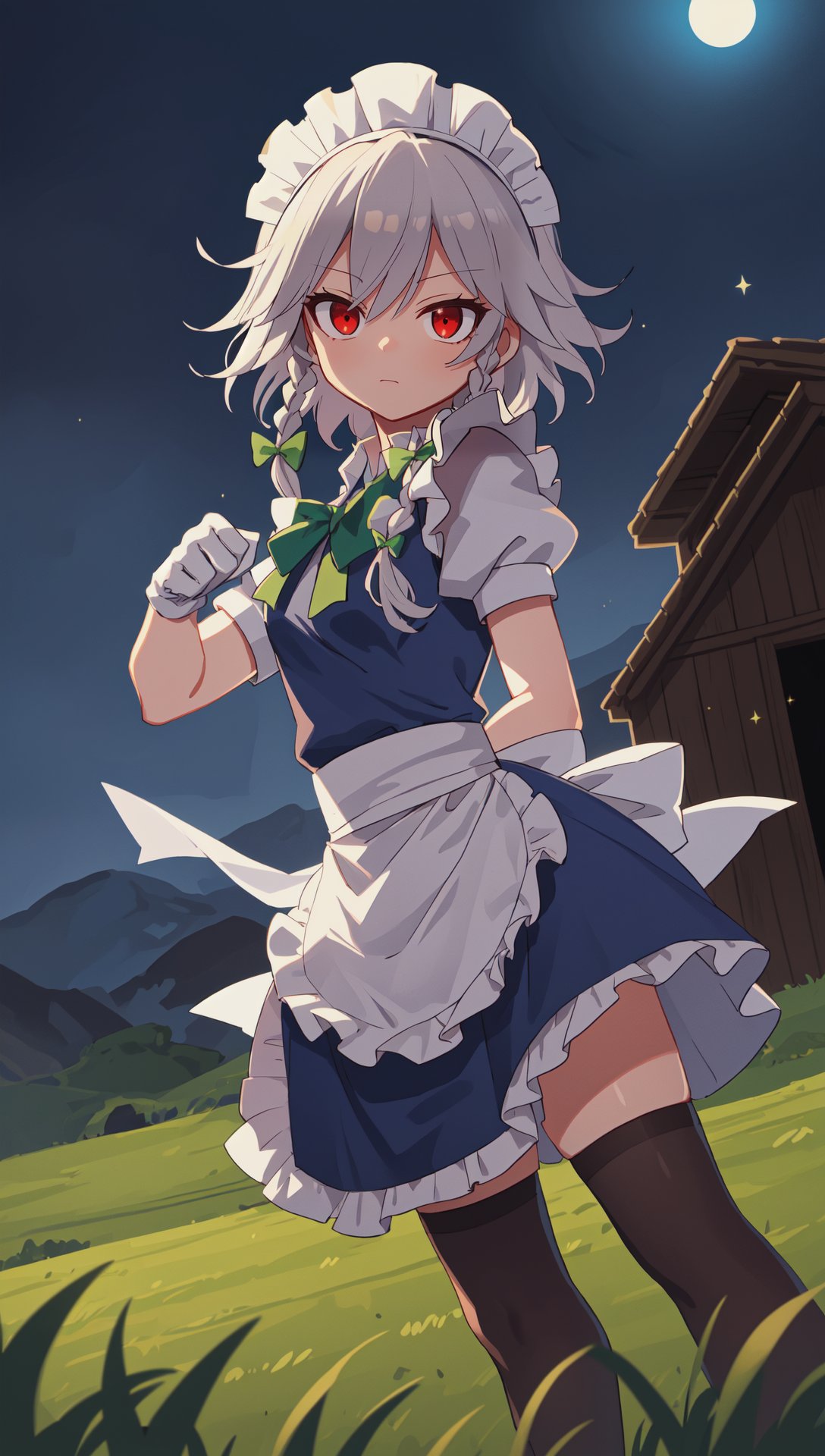 izayoi sakuya, green bow, maid headdress, thighhighs, ribbon, hair bow, waist apron, twin braids, red eyes, puffy sleeves, maid, blue dress, white hair, frills, gloves, short hair, puffy short sleeves, grey hair, bangs muay thai, fighting stance BREAK countryside, fields, barn, evening, hazy, rural, charming, (darkness:1.3), night, spooky, horror \\(theme\\), masterpiece, best quality