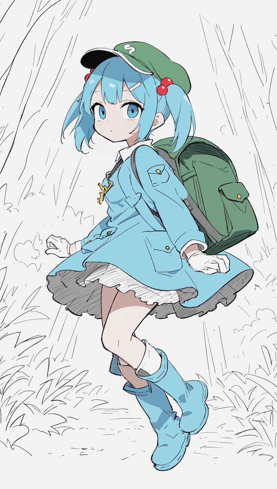 kawashiro nitori, flat cap, skirt set, gloves, hair bobbles, hat, pocket, bag, backpack, medium breasts, boots, bangs, long sleeves, hair ornament, two side up, blue eyes, blue rubber boots, blue hair, short hair, dress, twintails, green headwear, key, BREAK outdoors, nature BREAK superb, (sketch:1.1), monochrome, (graphite \(medium\):1.1), [anime lineart:0.2], (spot color:1.1) <lora:animeoutlineV3:0.5>