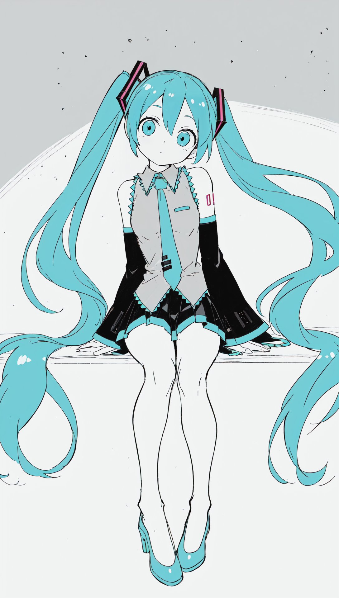 hatsune miku, aqua eyes, aqua hair, twintails, absurdly long hair, detached sleeves  BREAK (darkness:1.2), unlit, black background, sitting, arm support, head tilt, indoors, BREAK masterpiece, best quality, full body, monochrome, sketch, graphite \(medium\) <lora:animeLineartMangaLike_v30MangaLike:0.8> 