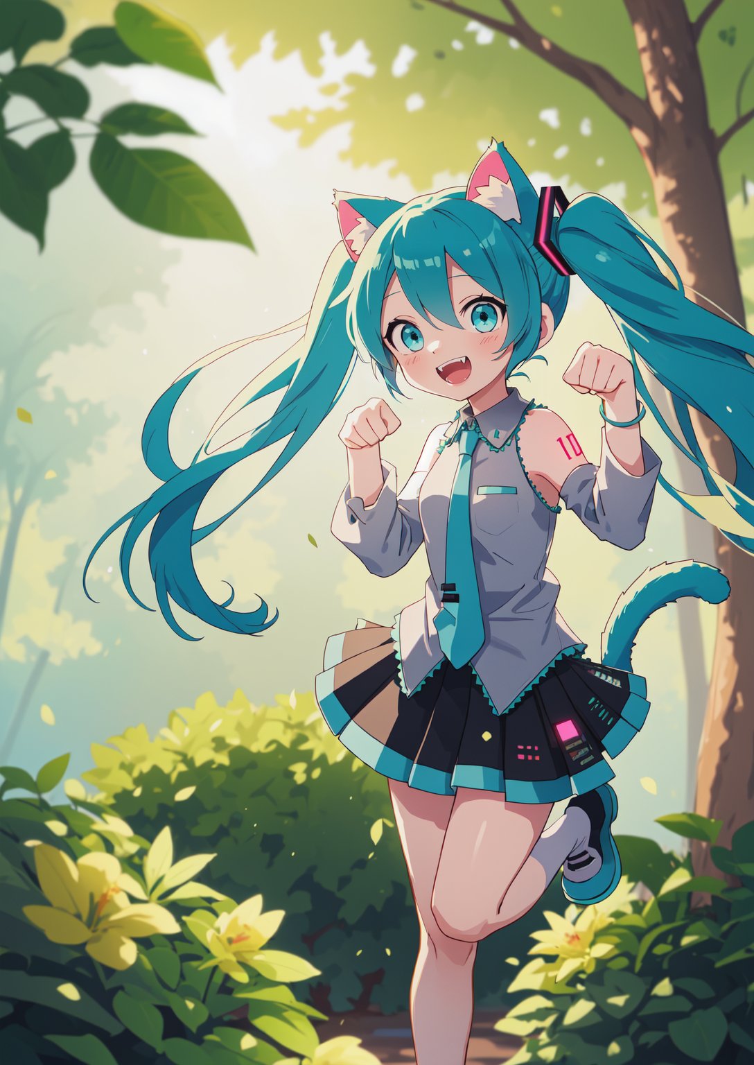 hatsune miku, twin tails, aqua hair, aqua eyes, cat ears, paw pose, standing on one leg, cat tail, fangs BREAK mksks, detailed background, sunlight, outdoors, nature, flower, bush, tree, dappled sunlight