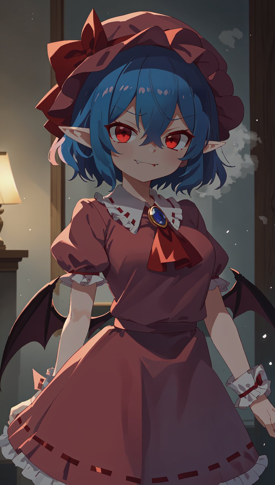 remilia scarlet, red ribbon, jewelry, hair between eyes, puffy short sleeves, frills, blue hair, bow, bangs, hat ribbon, mob cap, fang, red eyes, bat wings, wrist cuffs, ascot, brooch, short hair, pink dress, pointy ears, skirt, medium breasts, smug BREAK (darkness:1.25), (night:1.2), fog, indoors, unlit, scarlet devil mansion, dust, light particles, spider web, spooky, (horror \(theme\):1.1), masterpiece, best quality <lora:[diffLora] lowexposurenoiseoffset:1.0> 