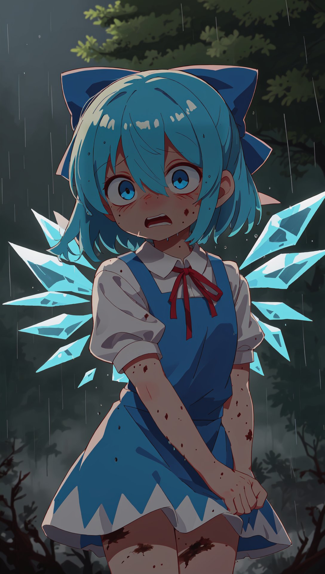 cirno, solo, puffy short sleeves, blue hair, blue bow, hair bow, hair between eyes, blue eyes, neck ribbon, blue dress, ice wings, white shirt, pinafore dress, short hair, red ribbon, (muddy:1.1), dirty, dirty clothes, dirty face, (raining:1.2), terrified, scared, horrified BREAK water drop, (darkness:1.25), (night:1.2), fog, outdoors, forest, pine tree, spooky, horror \(theme\), masterpiece, best quality <lora:[diffLora] lowexposurenoiseoffset:1.0> 