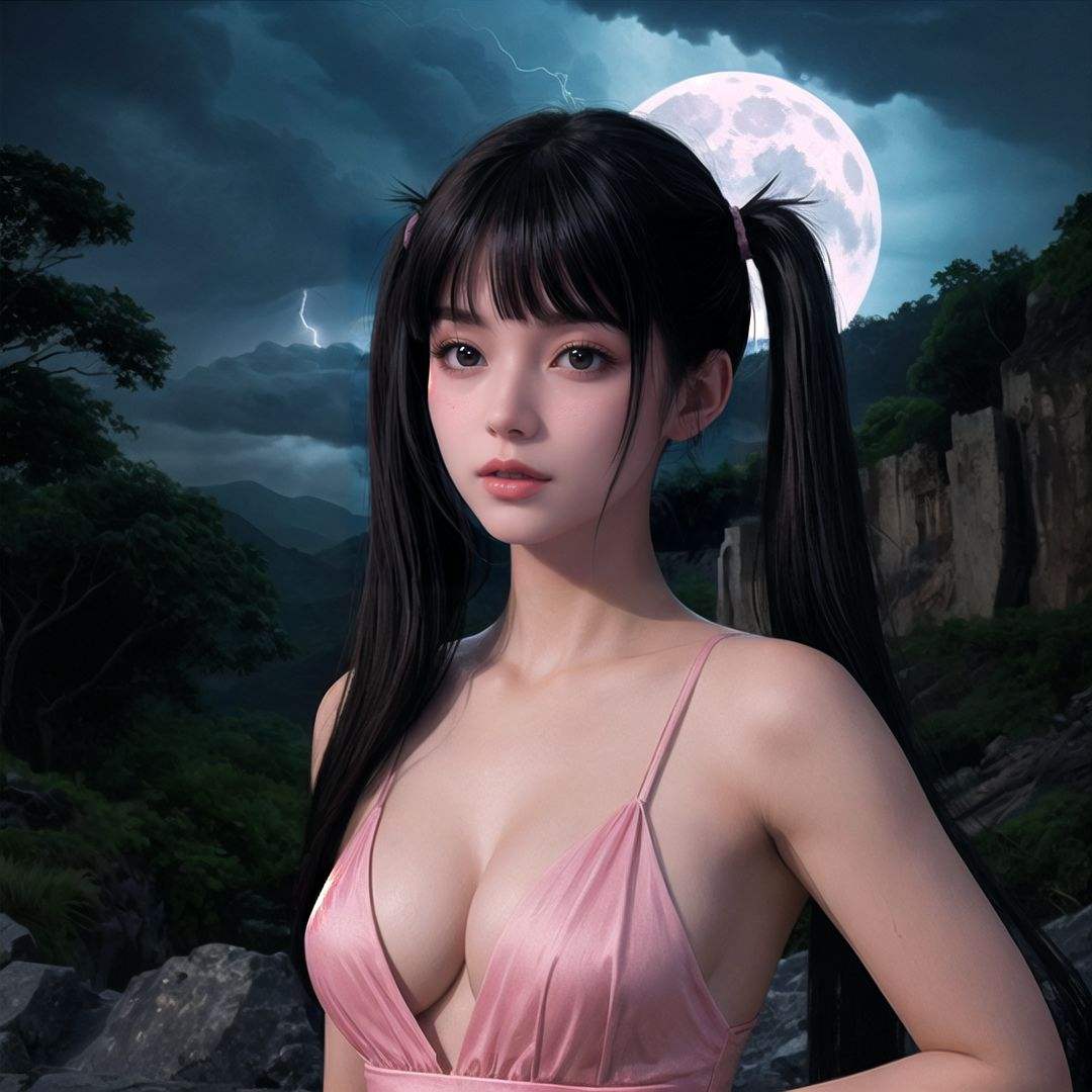 (Just one person), (medium breasts:1.1),Black through the Hole,Unreal light and shadow,1 girl,upper body photo,european castle on the background cliff,magic jungle of fantasy,hanging mountains,air falls,1girl,solo,the background is jurassic world,((the bright moon)),terrible flying creatures,((a night of thunderstorms)),epic film lighting,volume lighting,incredibly absurdres,beautiful and stunning girl,pure girl,twintails,black long straight hair,blunt bangs,pink evening dress,cleavage,