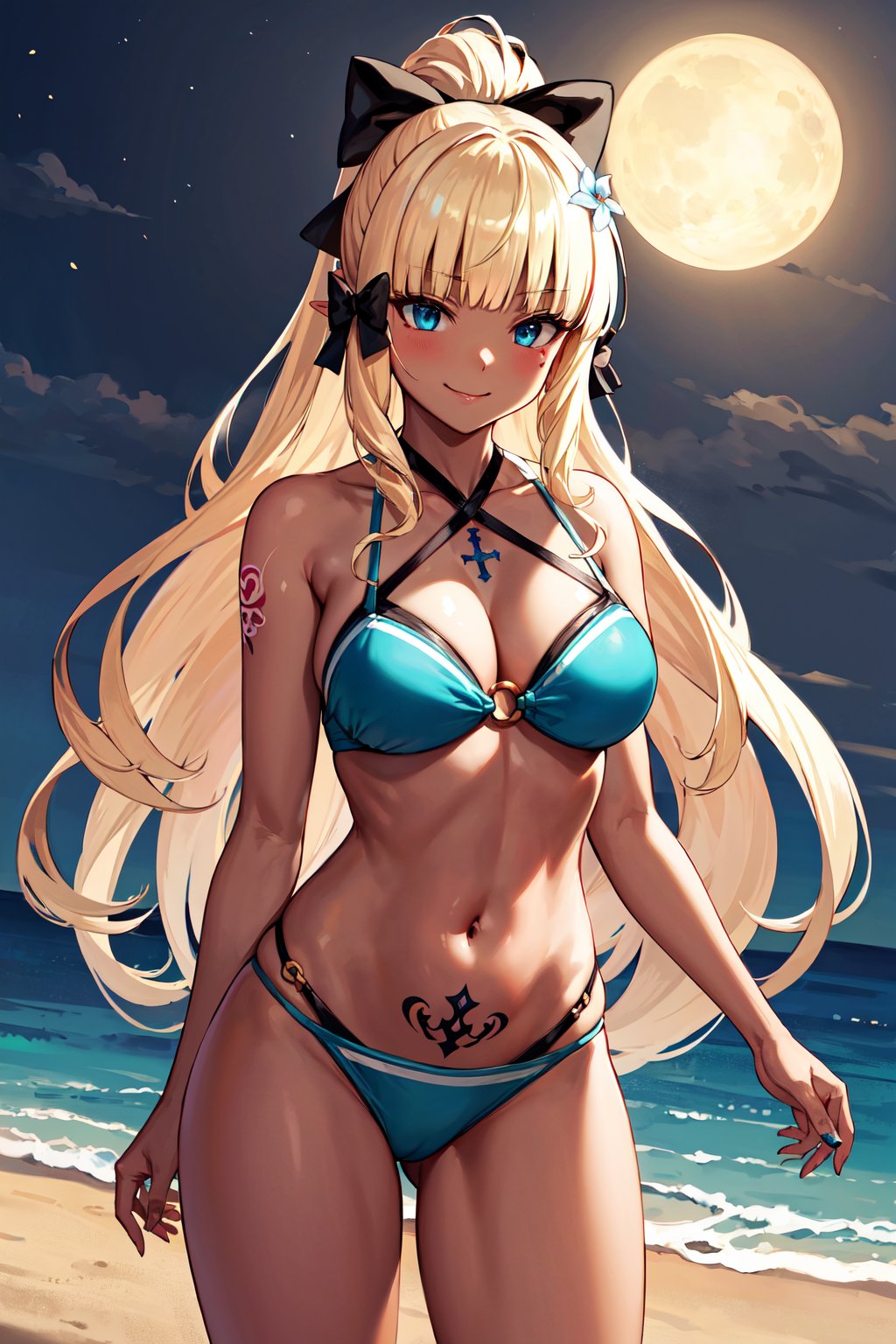 masterpiece, best quality, highres, bbsaren, long hair, blonde hair, ponytail, blunt bangs, hair bow, black bow, hair flower, pointy ears, criss-cross halter, cleavage, aqua bikini, o-ring, <lora:saren_v1:0.7>, beach, standing, cowboy shot, smirk, night, (dark skin:1.2), (tatooo:1.4)