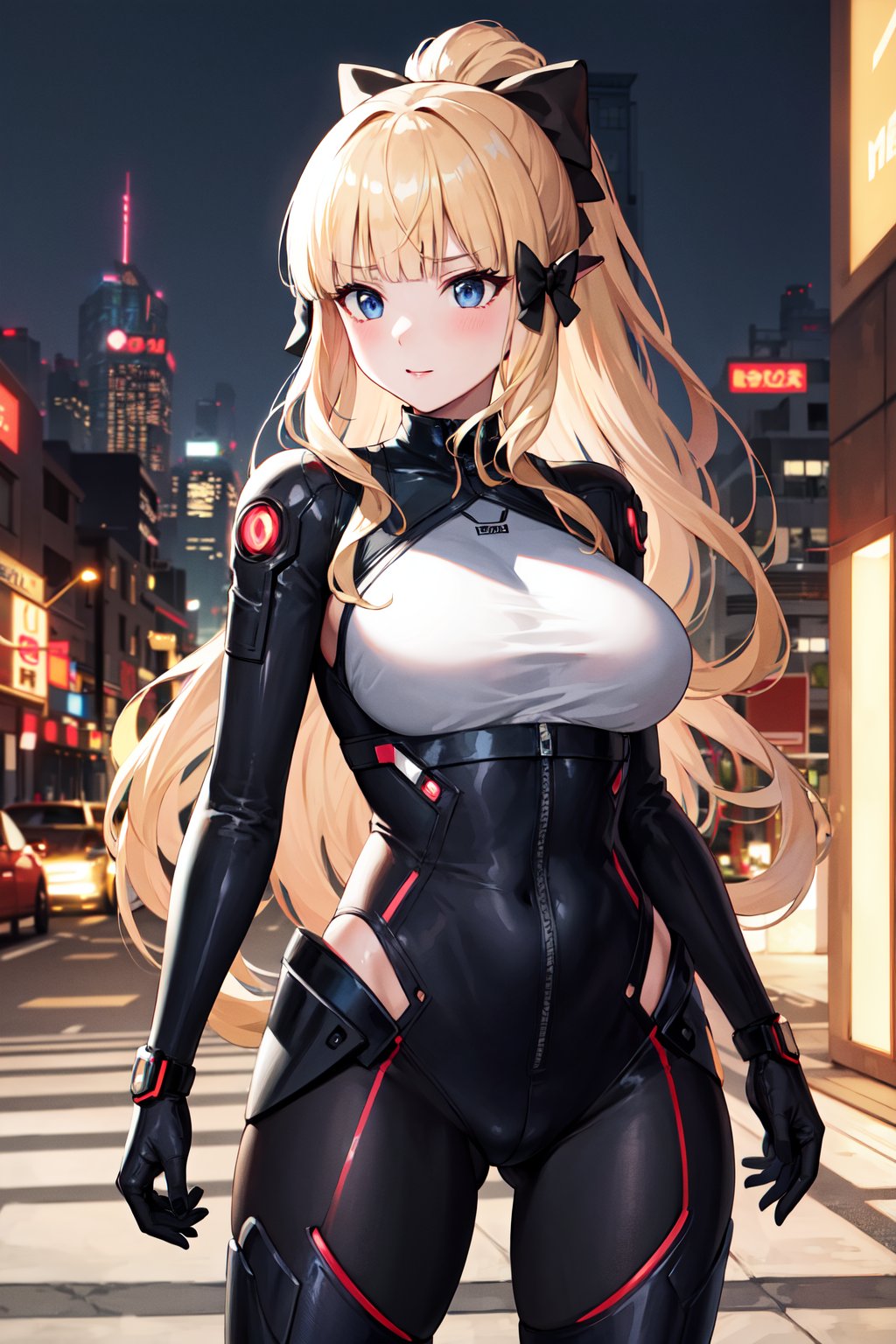 masterpiece, best quality, highres, bbsaren, long hair, blonde hair, ponytail, hair bow, black bow, blunt bangs, pointy ears, large breasts, <lora:saren_v1:0.7>, cyberpunk, bodysuit, gloves, standing, night, city, street, 