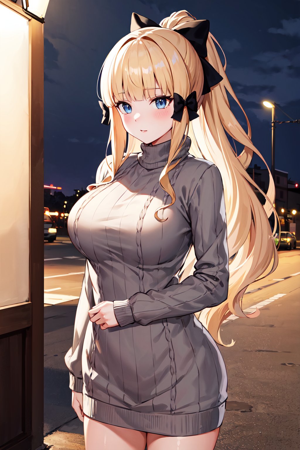 masterpiece, best quality, highres, bbsaren, long hair, blonde hair, ponytail, hair bow, black bow, blunt bangs, pointy ears, large breasts, <lora:saren_v1:0.7>, sweater dress, turtleneck, ribbed sweater, street, night, standing, cowboy shot, 