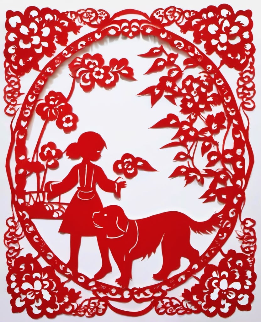 cutpaper,1 girl and a dog, redchinese_paper_cut,  white background, <lora:传统剪纸风格_V1.0XL:1>, masterpiece, best quality,