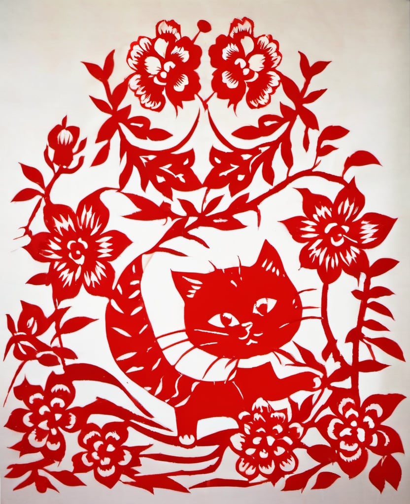 1cat,flower,  red,chinese_paper_cut,  white background, <lora:传统剪纸风格_V1.0XL:1>, masterpiece, best quality,