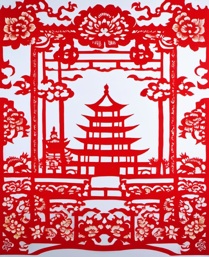 cutpaper,a temple, chinese_paper_cut, square composition, white background, <lora:传统剪纸风格_V1.0XL:1>, masterpiece, best quality,