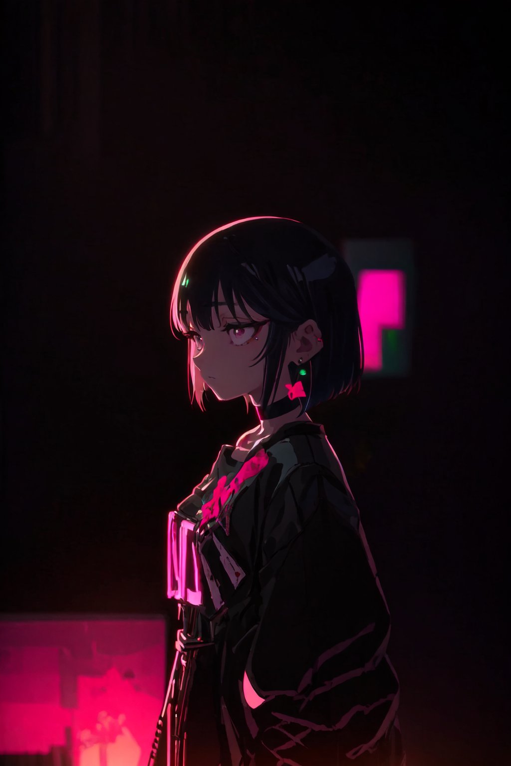 Original Character, Volumetric Lighting, Best Shadows, Shallow Depth of Field, Highest Quality, Amazing Details:1.25), Brilliant Colorful Painting,

,hanabushi,

,1girl. black hair, bob cut, choker, colored inner hair, earrings, half-closed-eyes, jewelry, looking afar, medium hair, multicolored hair, neon lights, pink hair, purple eyes, shirt, solo, two-tone-hair,  