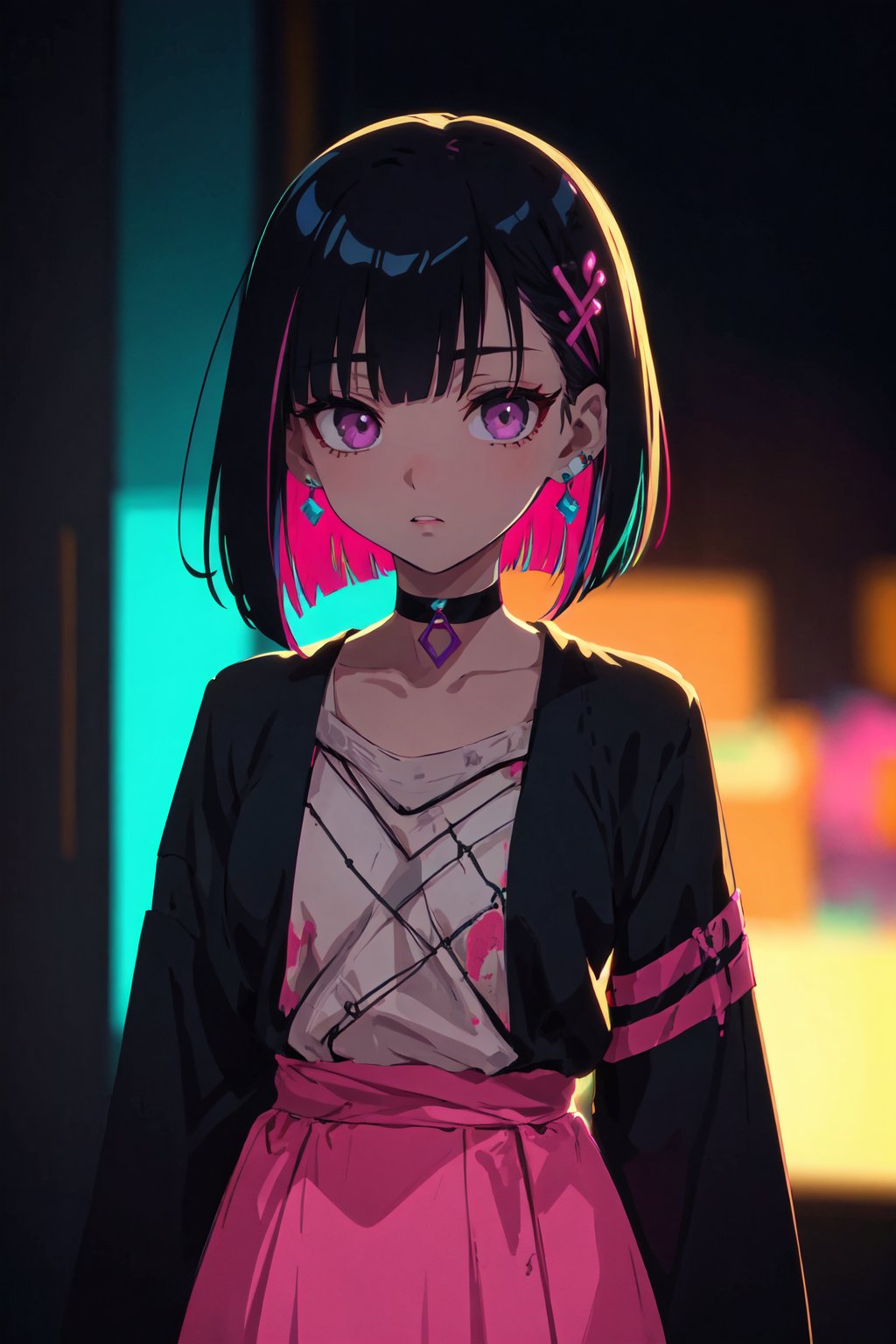 Original Character, Volumetric Lighting, Best Shadows, Shallow Depth of Field, Highest Quality, Amazing Details:1.25), Brilliant Colorful Painting,

,hanabushi,

,1girl. black hair, bob cut, choker, colored inner hair, earrings, half-closed-eyes, jewelry, looking afar, medium hair, multicolored hair, neon lights, pink hair, purple eyes, shirt, solo, two-tone-hair,  