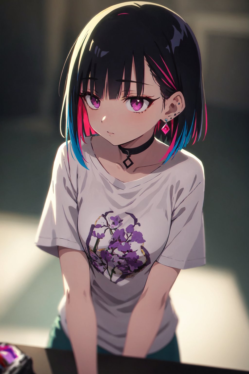 Original Character, Volumetric Lighting, Best Shadows, Shallow Depth of Field, Highest Quality, Amazing Details:1.25), Brilliant Colorful Painting,

,hanabushi,

,1girl, black hair, bob cut, choker, colored inner hair, earrings, half-closed-eyes, jewelry, looking afar, medium hair, multicolored hair, pink hair, purple eyes, shirt, solo, two-tone-hair,  gray_shirt, short_sleeves, wide_sleeves, oversized_clothes, looking_at_viewer, 