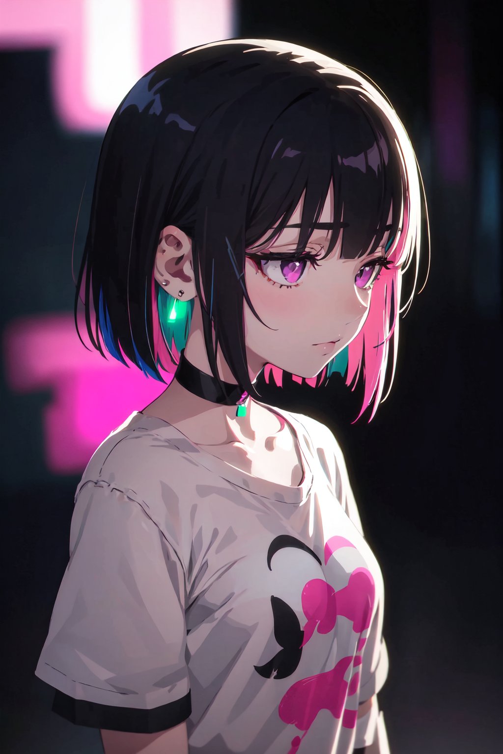 Original Character, Volumetric Lighting, Best Shadows, Shallow Depth of Field, Highest Quality, Amazing Details:1.25), Brilliant Colorful Painting,

,hanabushi,

,1girl, black hair, bob cut, choker, colored inner hair, earrings, half-closed-eyes, jewelry, looking afar, medium hair, multicolored hair, neon lights, pink hair, purple eyes, shirt, solo, two-tone-hair,  grey_shirt, short_sleeves, wide_sleeves,