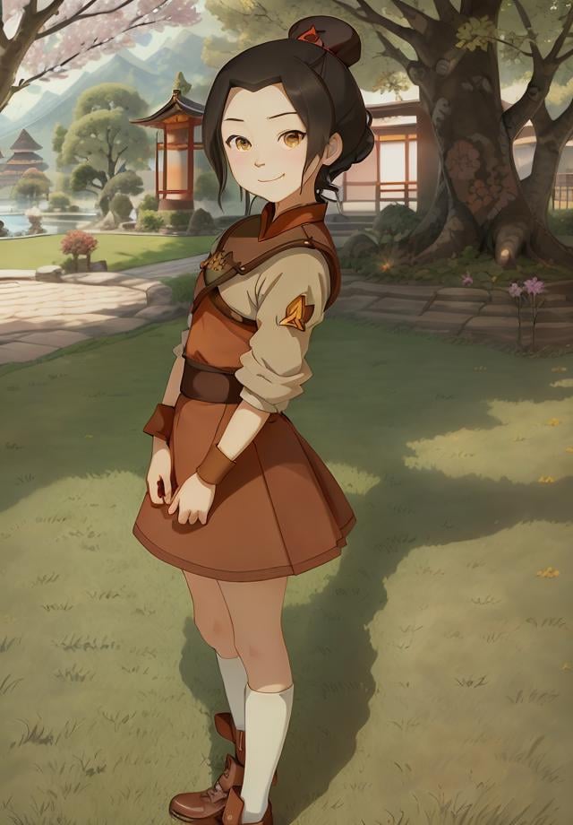 masterpiece, best quality, high quality, 1girl, solo, girl focus, looking at viewer, <lora:Young Azula:0.8>, Young Azula, 1girl, smile, outdoors, food, japanese clothes, solo focus, tree, grass